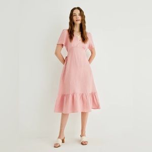 Grae Cove Adelita 100% Linen Belted Ruffle Trim Midi Dress